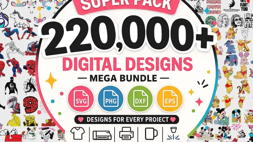 Paquete de 220.000+ archivos SVG, PNG, DXF y EPS para Cricut, Silhouette y corte láser