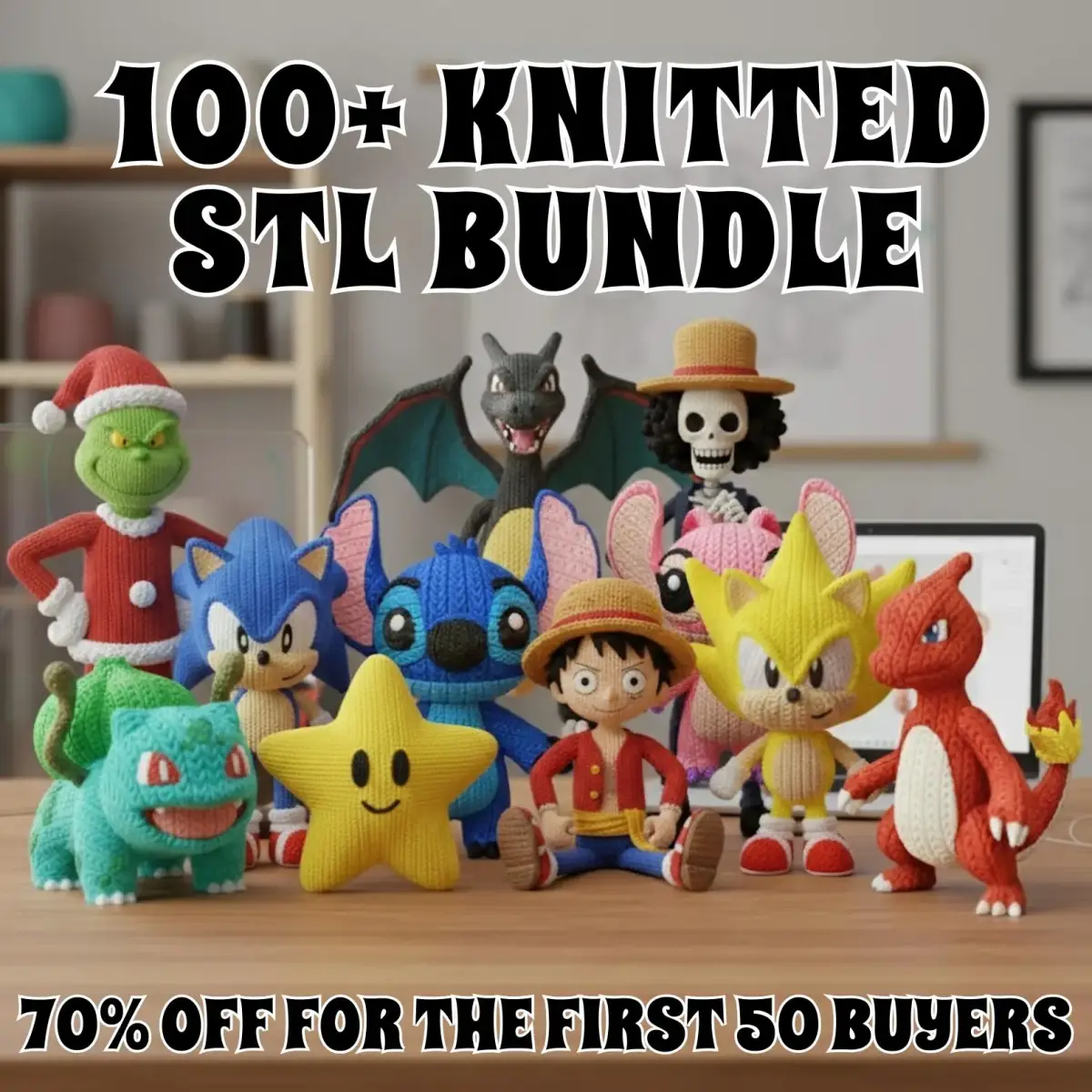 Más de 100 personajes 3D estilo tejido / Paquete de archivos STL y 3MF con licencia comercial