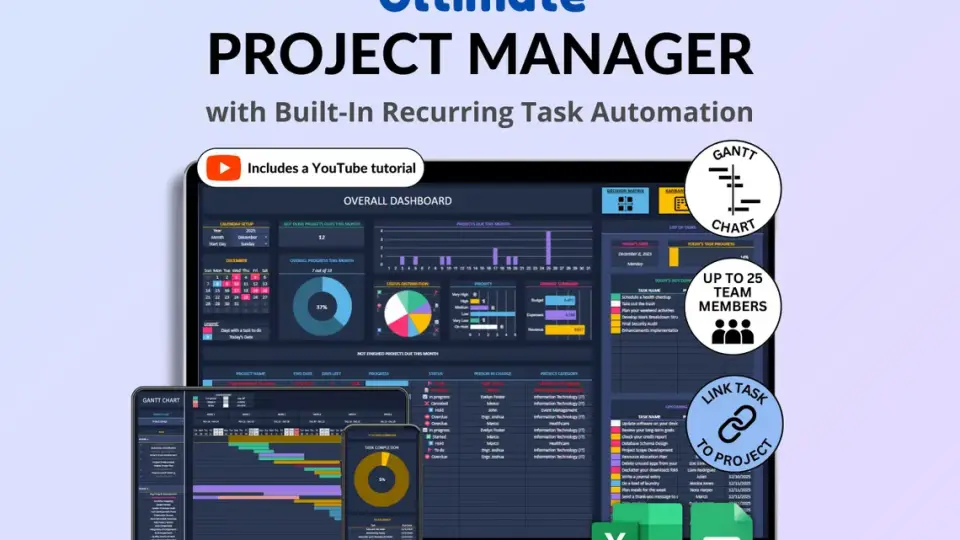 Planificador de proyectos en modo oscuro para Excel y Google Sheets | Gantt, Kanban y seguimiento de tareas