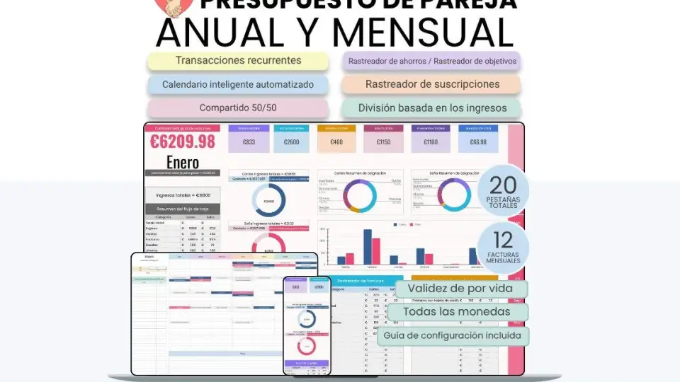 Planificador de Presupuesto para Parejas en Español para Google Sheets - Panel Anual y Mensual