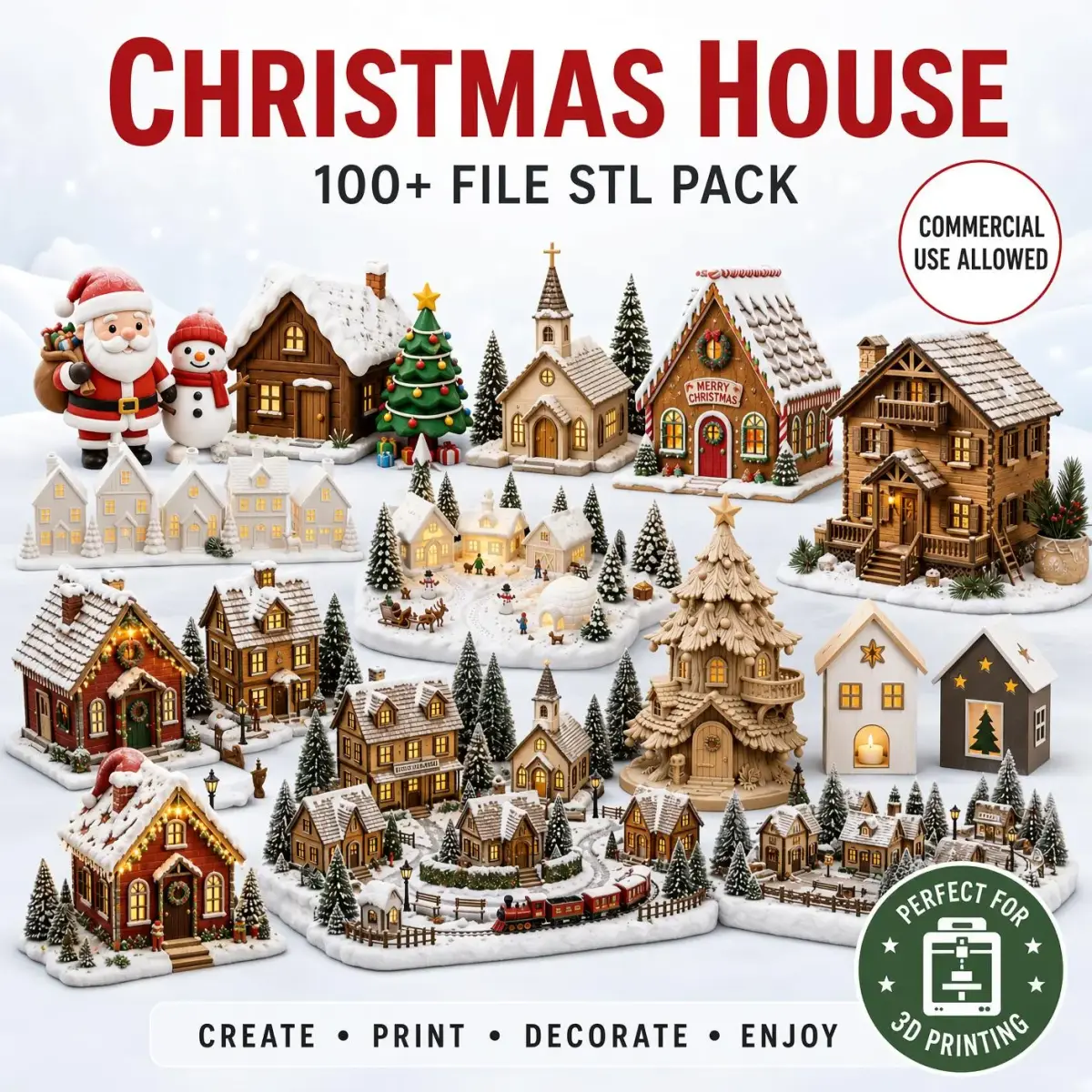 Paquete de más de 100 archivos STL de casas y pueblo navideño para impresión 3D