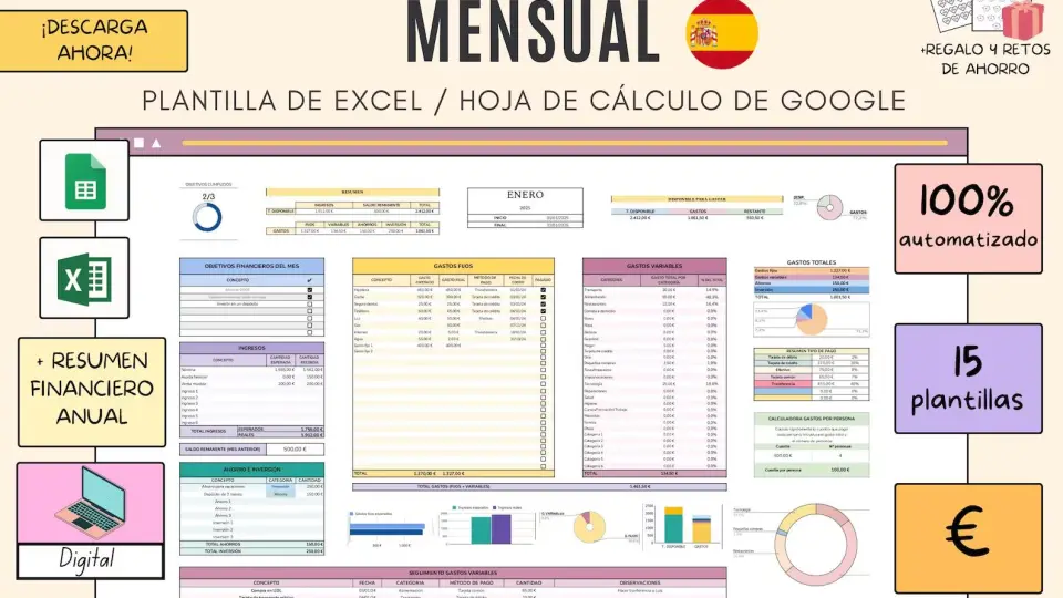 Planificador mensual de ingresos y gastos en euros | Plantilla para Excel y Google Sheets