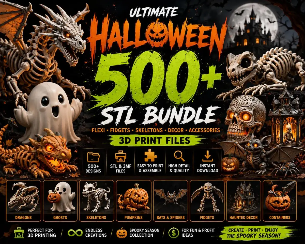 🎃 Paquete de más de 500 archivos STL de Halloween - Juguetes flexibles, esqueletos y decoración 3D
