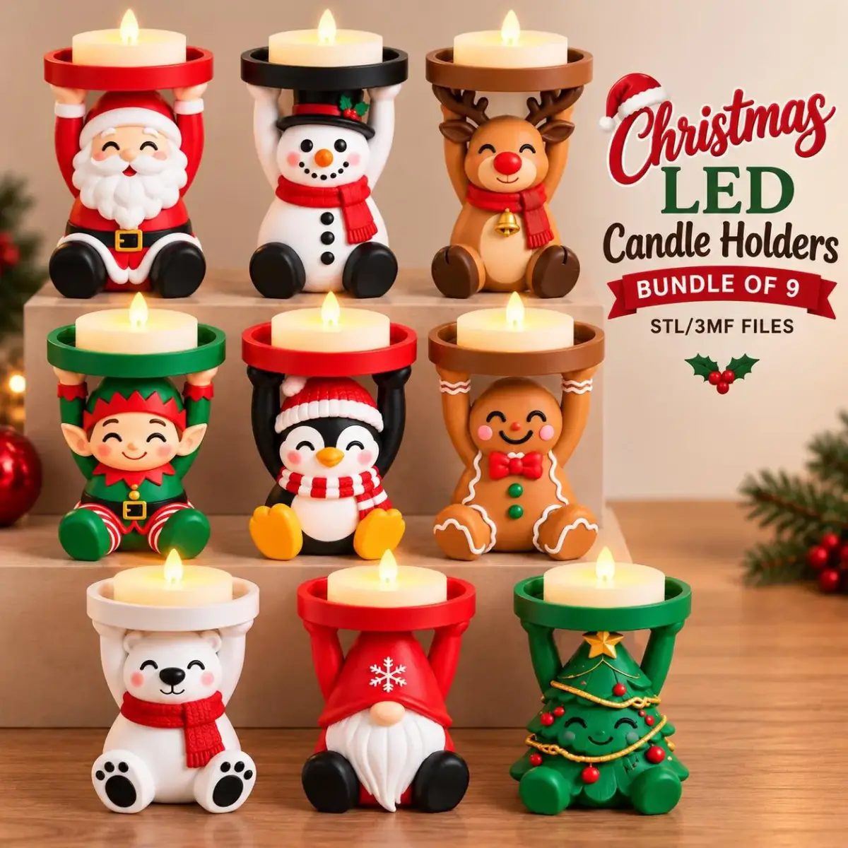 Paquete de Porta Velas Navideños STL y 3MF | 9 Personajes Imprimibles en 3D