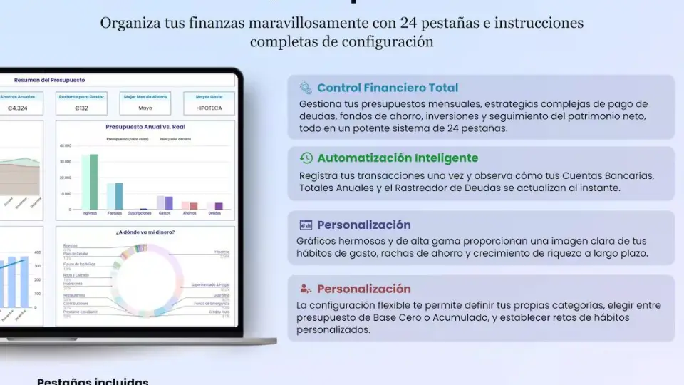 Plantilla de presupuesto anual y mensual para Excel y Google Sheets | Control de gastos, ahorro y deudas