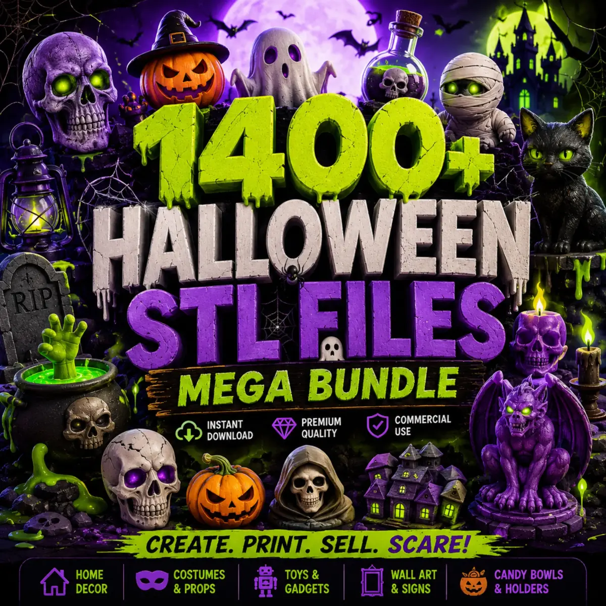 Paquete de más de 1400 archivos STL y 3MF de Halloween: decoración, fantasmas, calabazas y modelos 3D