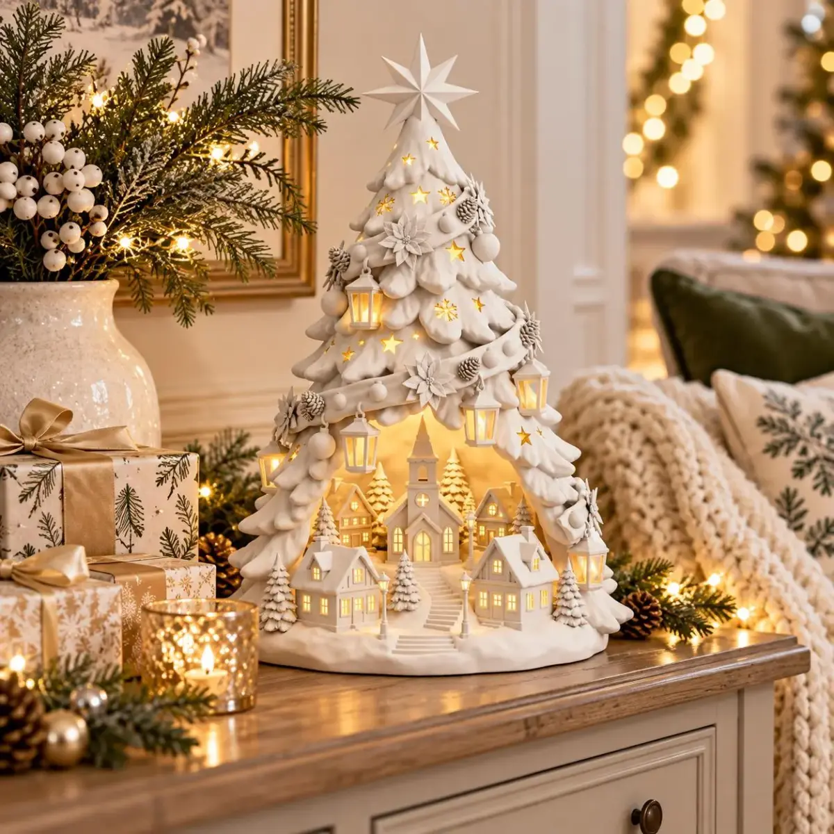Archivo STL de Pueblo Navideño Iluminado con Árbol - Decoración 3D de 30 cm
