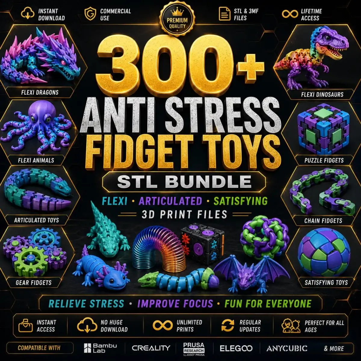 Paquete de más de 300 juguetes antiestrés STL y 3MF para impresión 3D flexi y articulados