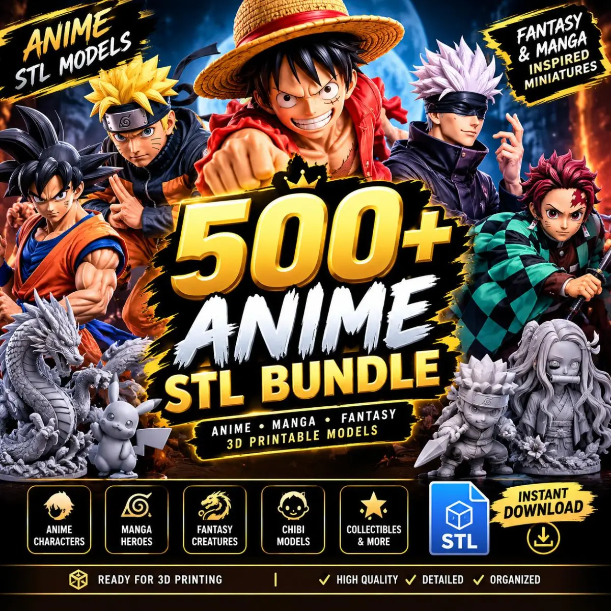Paquete de más de 500 modelos 3D imprimibles de anime, manga y fantasía (archivos STL y 3MF)