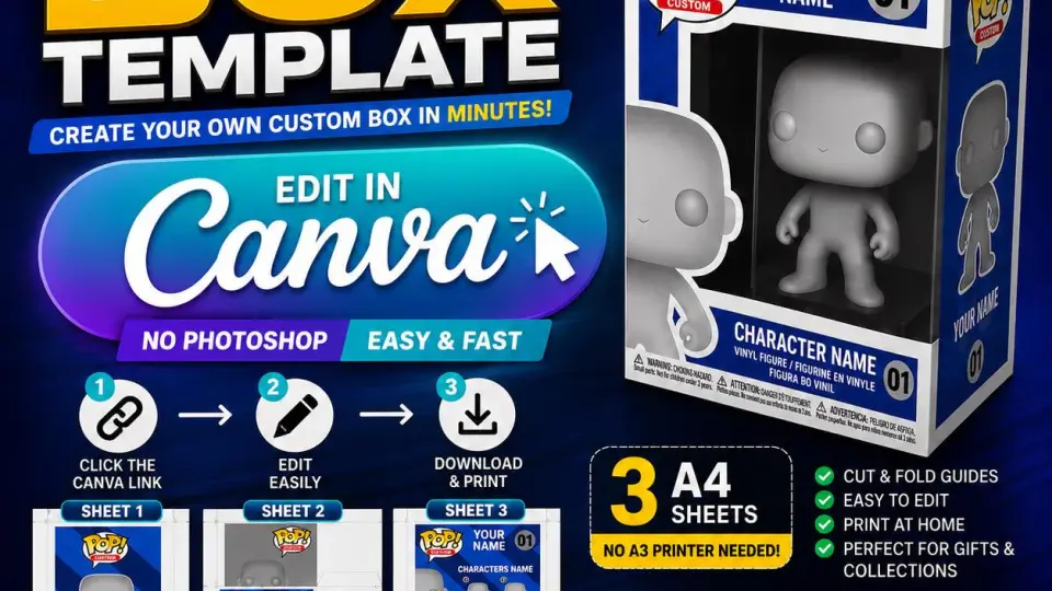 Plantilla de caja estilo Funko Pop editable en Canva (A4)
