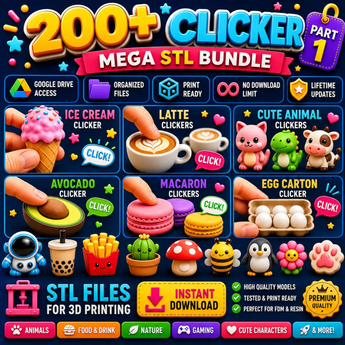 Paquete de más de 200 modelos STL de clickers, animales, comida y juguetes antiestrés