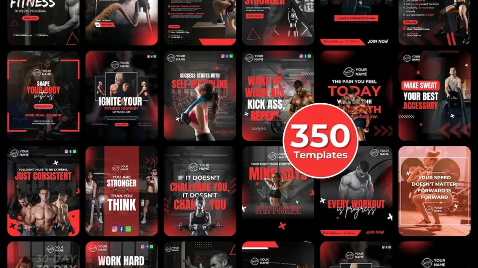 Plantillas para Instagram de gimnasios y fitness, editables en Canva e incluyen una guía en PDF