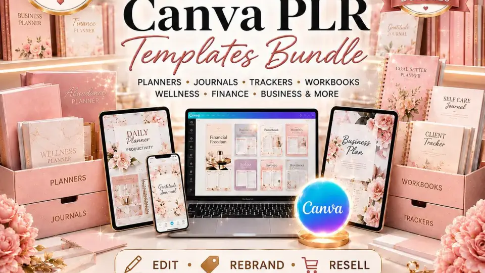 Paquete de plantillas PLR de Canva: planificadores, diarios y rastreadores editables con derechos MRR y PLR