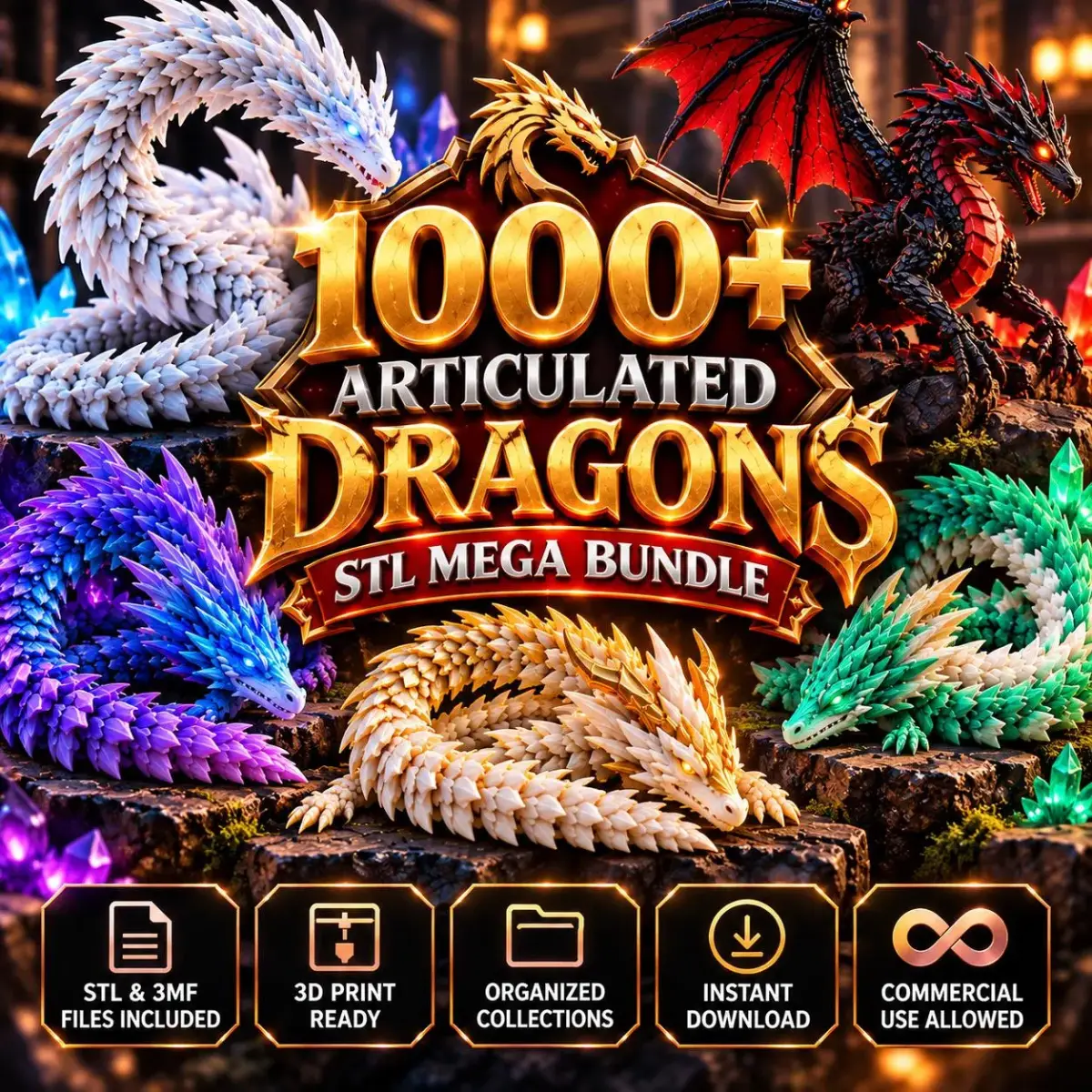 Paquete de más de 1000 dragones articulados y flexibles en STL y 3MF para impresión 3D