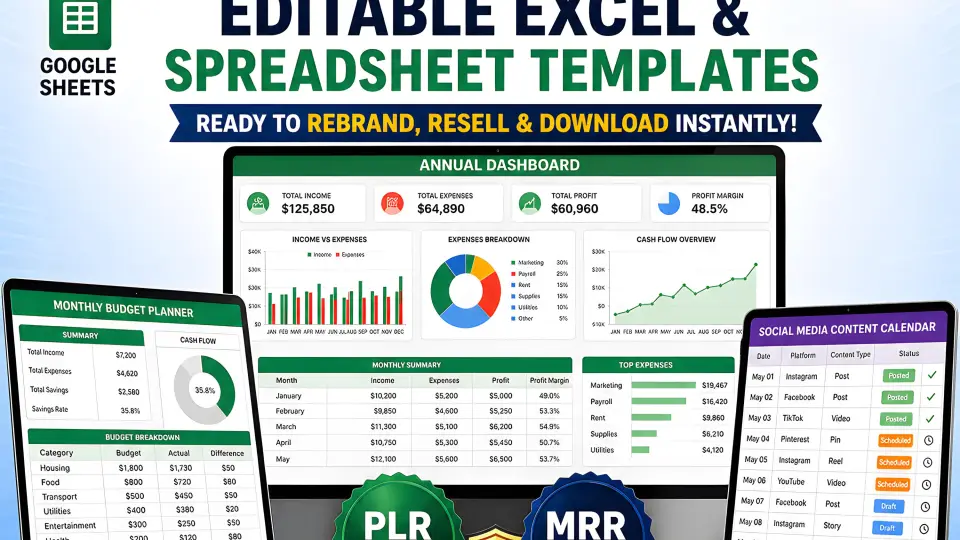 Paquete de hojas de cálculo con derechos de reventa (PLR, MRR) y más de 1500 plantillas para Excel y Google Sheets.